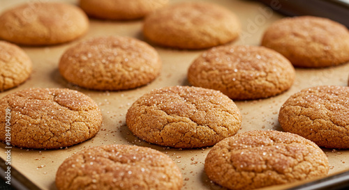 A tray of freshly baked keto snickerdoodle cookies with a golden, cinnamon-dusted crust, artfully arranged on a parchment-lined baking sheet