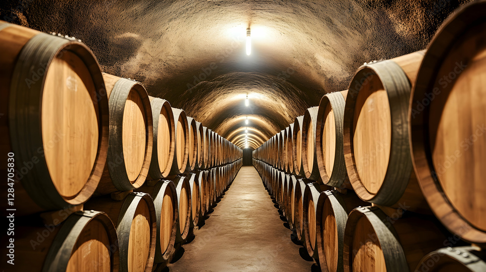 Viticultural storage tunnel with wooden barrel arrangement Viticultural storage tunnel with wooden barrel arrangement