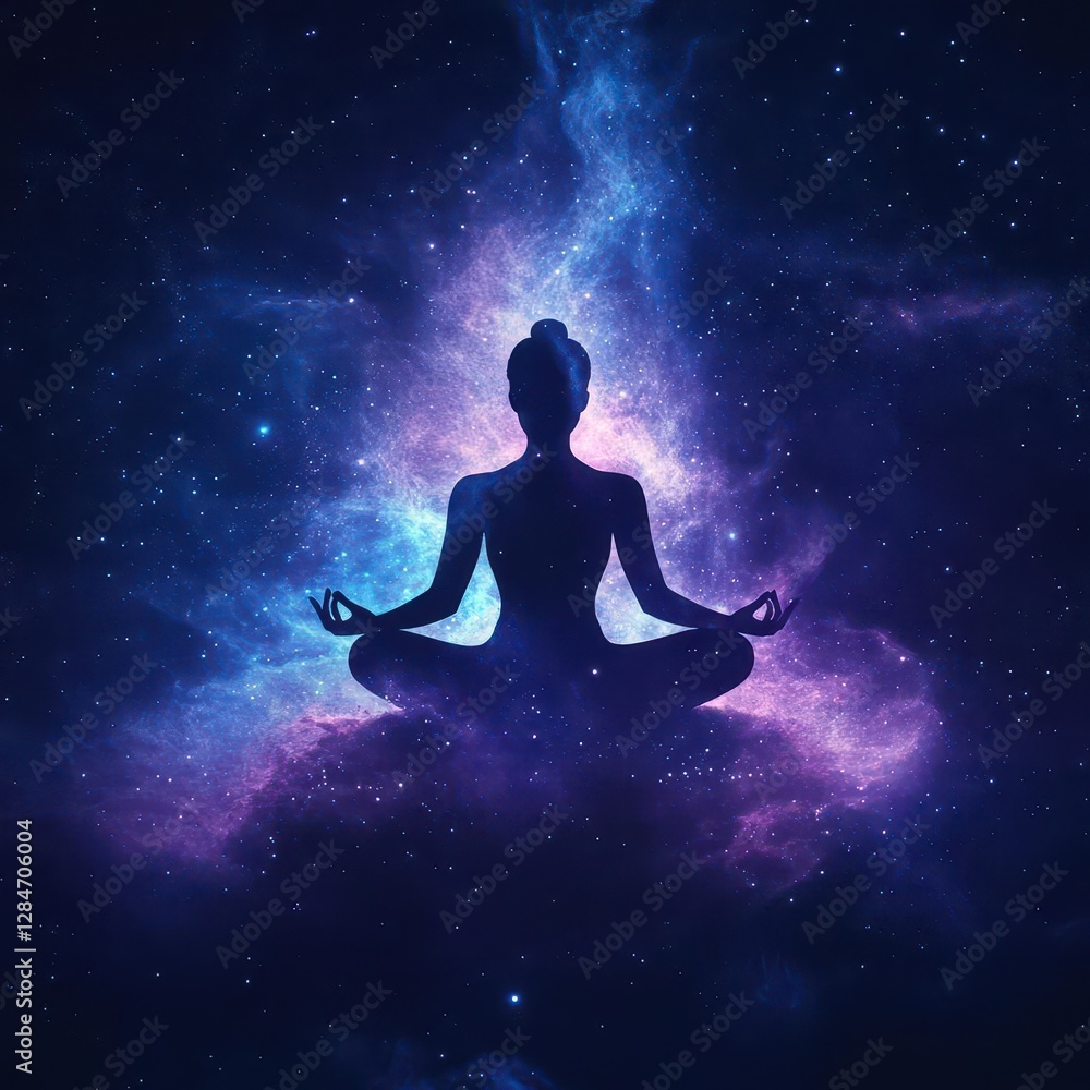 Cosmic Serenity Tranquil Silhouette in Lotus Pose Embracing Celestial Energy and Esoteric Wisdom Amid a Starry Universe Cosmic Serenity Tranquil Silhouette in Lotus Pose Embracing Celestial Energy and Esoteric Wisdom Amid a Starry Universe