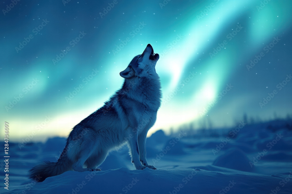 Dark silhouette of a wolf under vibrant northern lights Dark silhouette of a wolf under vibrant northern lights