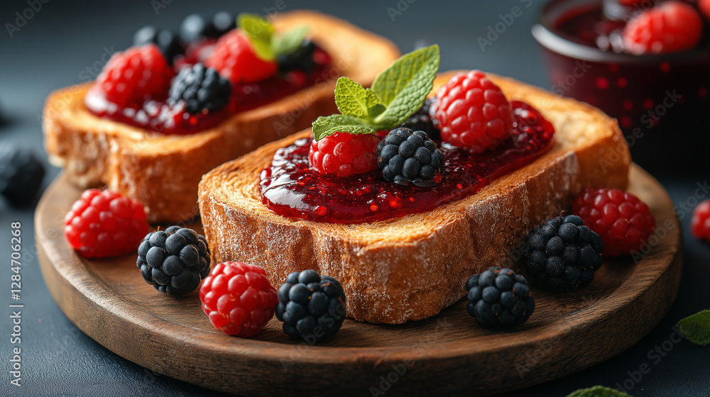 Warm bread slices generously spread with berry jam, adorned with vibrant raspberries and blackberries, invite a joyful start to the day in a charming kitchen Warm bread slices generously spread with berry jam, adorned with vibrant raspberries and blackberries, invite a joyful start to the day in a charming kitchen