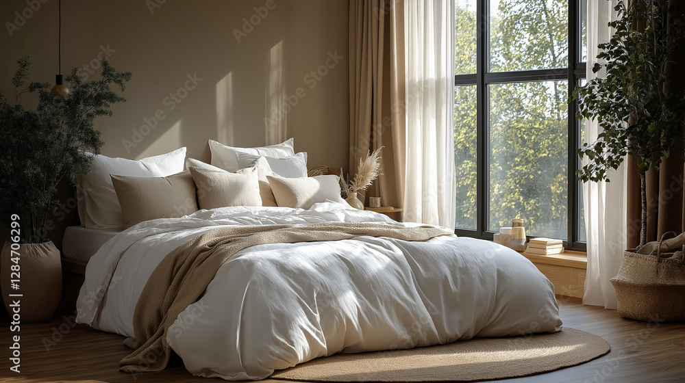 Sunlight gently pours into a calming bedroom, highlighting the plush bed adorned with neutral-toned pillows. Organic elements like plants and soft fabrics create a tranquil sanctuary Sunlight gently pours into a calming bedroom, highlighting the plush bed adorned with neutral-toned pillows. Organic elements like plants and soft fabrics create a tranquil sanctuary