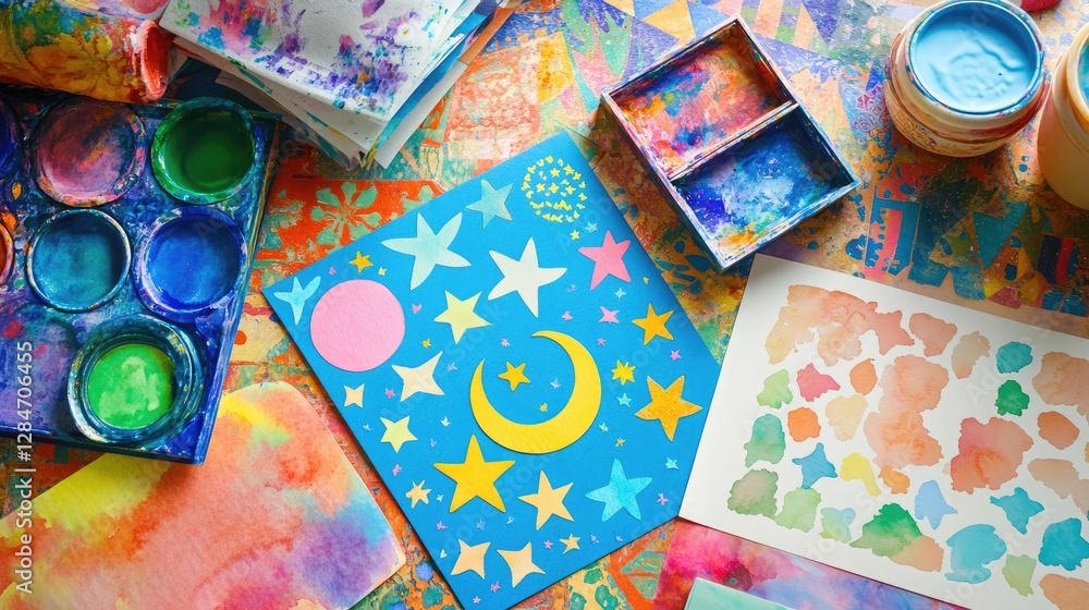 A Ramadan-themed art corner with bright patterned paper