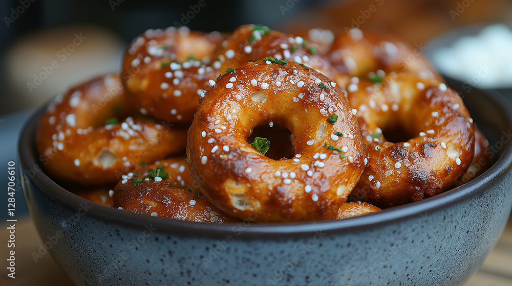 Golden brown pretzels sit invitingly in a rustic bowl, sprinkled with coarse sea salt and garnished with fresh herbs, emanating a warm, comforting ambiance perfect for sharing Golden brown pretzels sit invitingly in a rustic bowl, sprinkled with coarse sea salt and garnished with fresh herbs, emanating a warm, comforting ambiance perfect for sharing