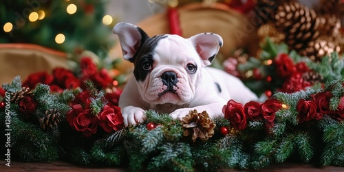 Sweet bulldog puppy poses for a holiday photo.