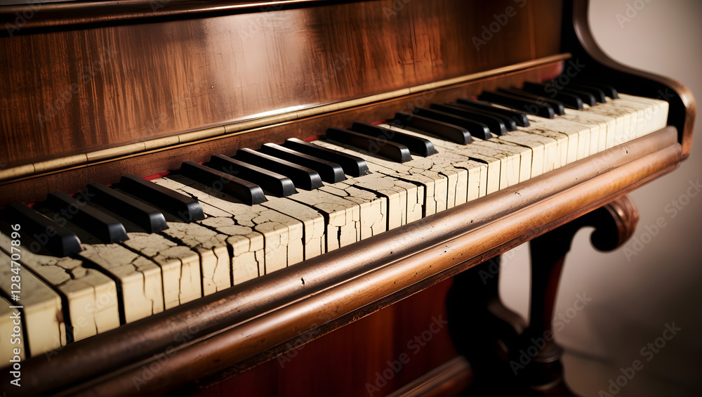 a high-contrast, cinematic photograph of worn, ivory-colored vintage piano keys with subtle cracks and yellowing, set against the rich, dark brown wood grain of an antique upright piano, with soft a high-contrast, cinematic photograph of worn, ivory-colored vintage piano keys with subtle cracks and yellowing, set against the rich, dark brown wood grain of an antique upright piano, with soft