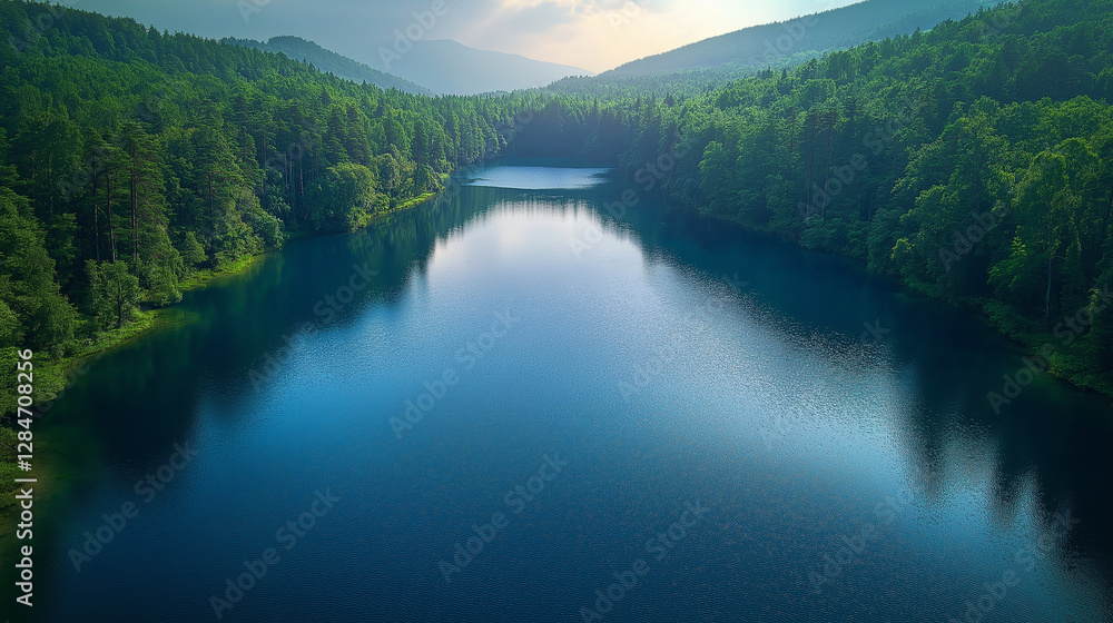 A peaceful lake reflects the vibrant greenery of surrounding forests, with gentle ripples catching the warm afternoon sun, creating a tranquil atmosphere in nature's embrace A peaceful lake reflects the vibrant greenery of surrounding forests, with gentle ripples catching the warm afternoon sun, creating a tranquil atmosphere in nature's embrace
