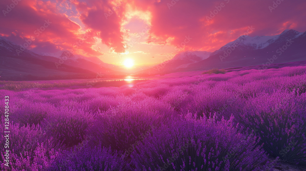 A breathtaking sunset casts a warm glow over vast lavender fields, creating a stunning palette of purple hues as the sun dips behind mountains. Nature's beauty captivates the moment A breathtaking sunset casts a warm glow over vast lavender fields, creating a stunning palette of purple hues as the sun dips behind mountains. Nature's beauty captivates the moment