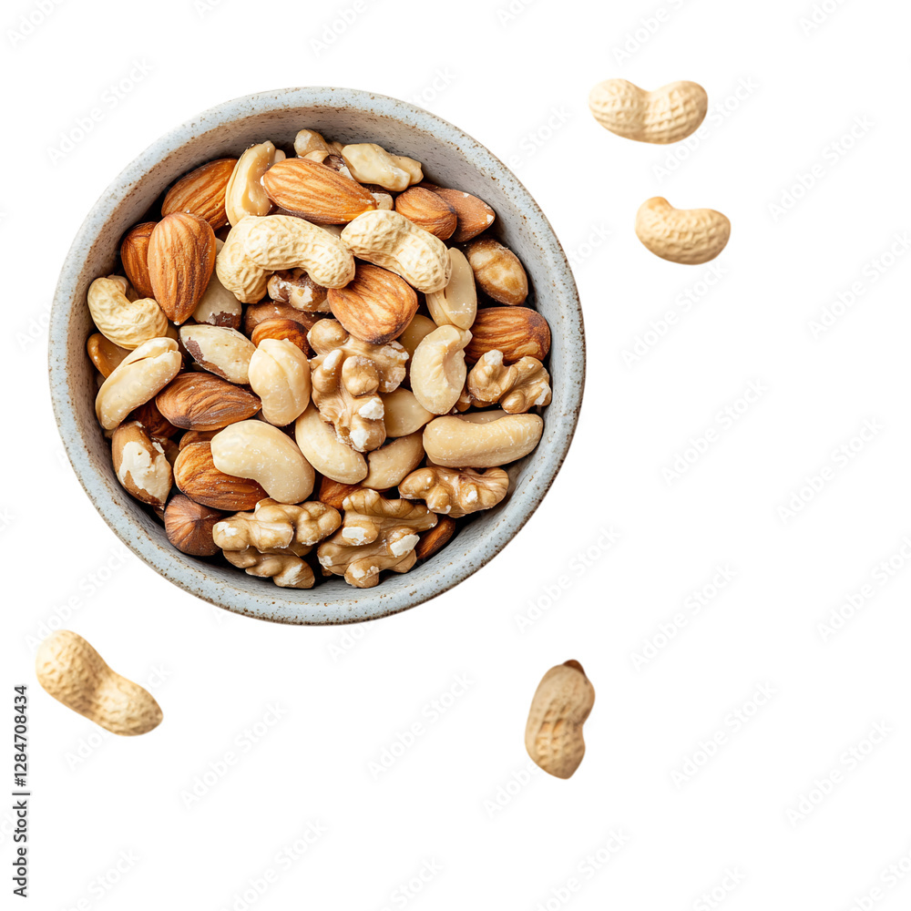 A Marble Countertop with a Bowl of Mixed Nuts Isolated on Transparent Background A Marble Countertop with a Bowl of Mixed Nuts Isolated on Transparent Background