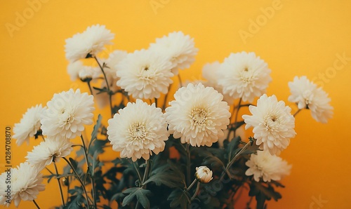 White Chrysanthemums Bouquet Against Yellow Background photo