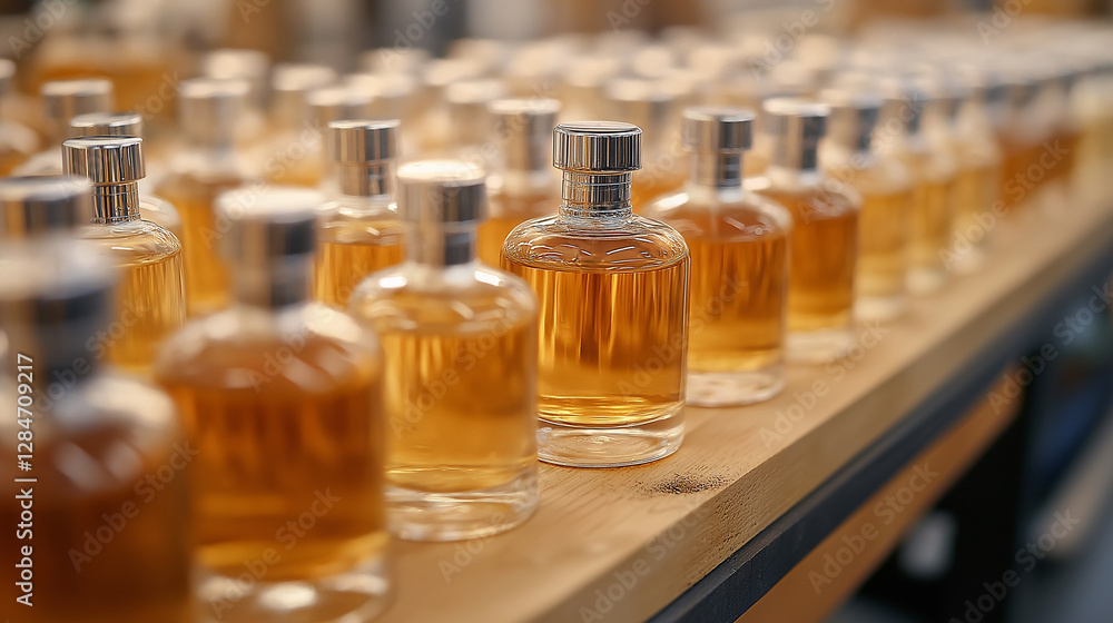 Rows of clear glass bottles filled with golden liquid stand proudly on a rustic wooden table. Each bottle reflects natural light, enhancing their artisanal beauty and inviting curiosity Rows of clear glass bottles filled with golden liquid stand proudly on a rustic wooden table. Each bottle reflects natural light, enhancing their artisanal beauty and inviting curiosity