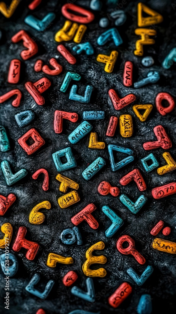 Fototapeta premium Abstract Colorful Letters and Symbols on Dark Background - Artistic Texture