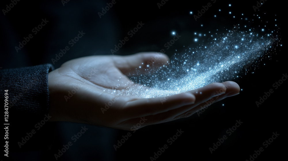 Obraz premium A hand, illuminated softly, releases a mesmerizing stream of luminous stardust into the evening air, creating a magical atmosphere