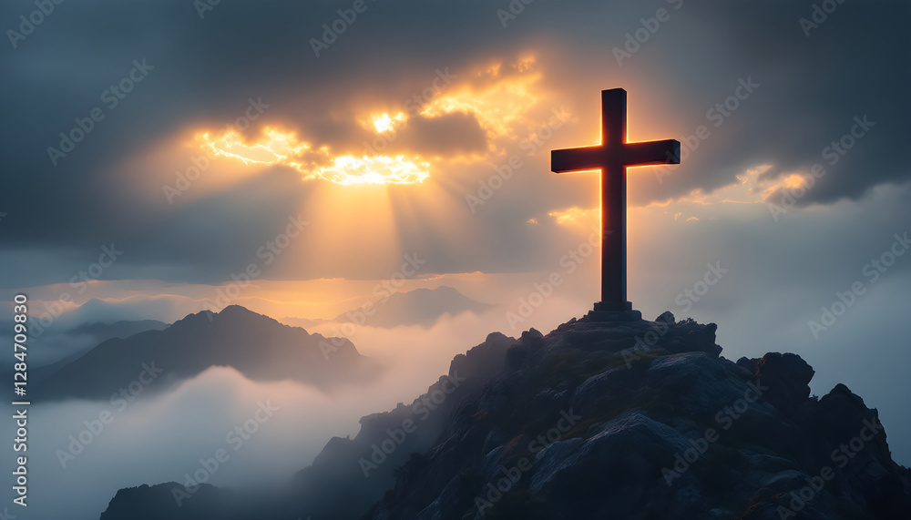 Christian cross, crucifixion on beautiful mountain rock at sunrise landscape. jesus easter resurrection concept. Good Friday. Religion, Bible, Christianity and faith concept. Christian cross, crucifixion on beautiful mountain rock at sunrise landscape. jesus easter resurrection concept. Good Friday. Religion, Bible, Christianity and faith concept.