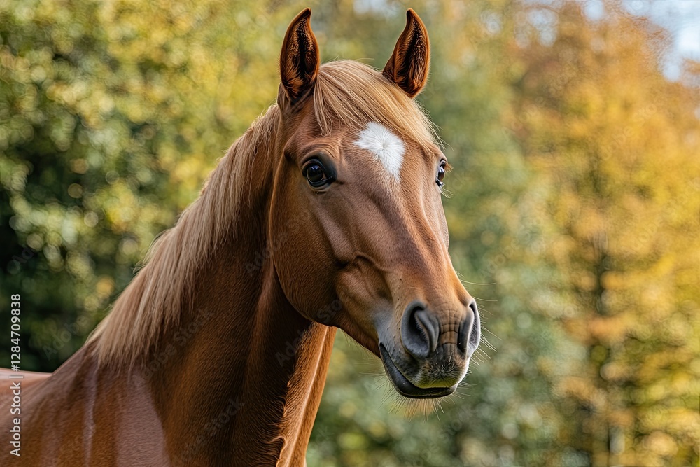 Obraz premium Portrayal of a majestic brown chestnut horse stallion with an autumnal landscape as the background