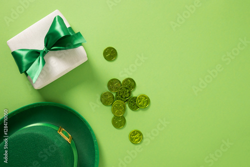 St Patricks day and March 17 concept with golden coins, clover leaves, Leprechaun Hat on green background. View from above. Cope space.
