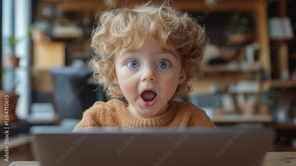 In a warm, inviting room filled with natural light, a young child with curly hair expresses amazement while staring at a laptop screen In a warm, inviting room filled with natural light, a young child with curly hair expresses amazement while staring at a laptop screen