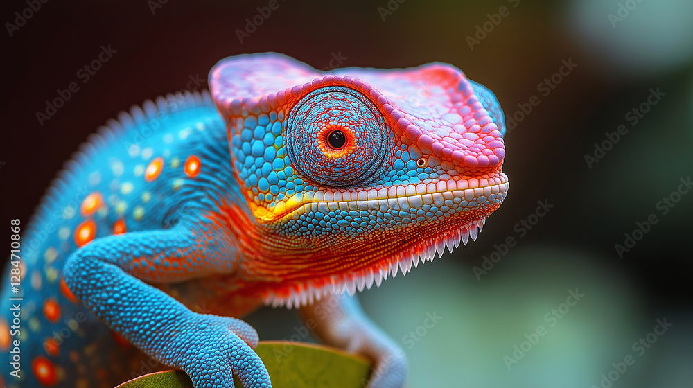 A vibrant chameleon with iridescent blue and red scales is perched on a lush green leaf. Its expressive eyes and unique pattern highlight nature's beauty in a tropical setting A vibrant chameleon with iridescent blue and red scales is perched on a lush green leaf. Its expressive eyes and unique pattern highlight nature's beauty in a tropical setting