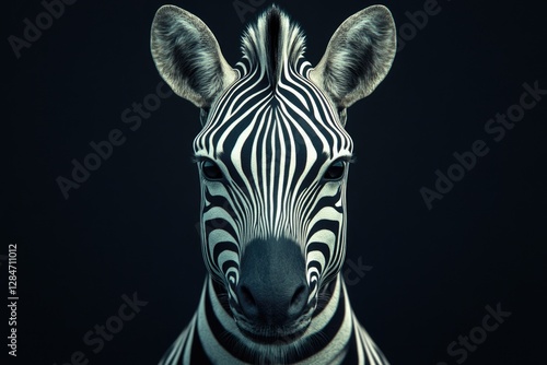 Black and white portrait of zebra, focus on head with stripes prominently visible.