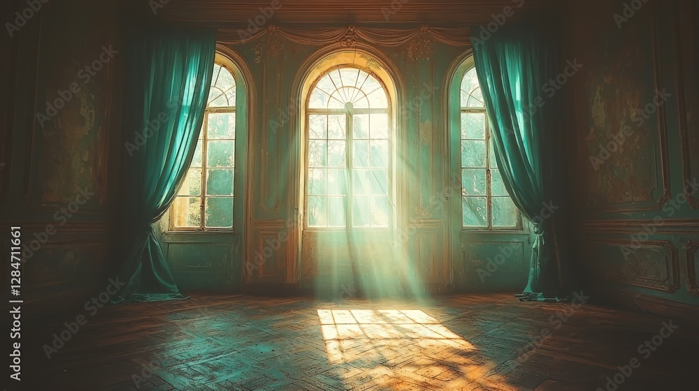 Sunlight streams through antique teal drapes in an ornately paneled room Sunlight streams through antique teal drapes in an ornately paneled room