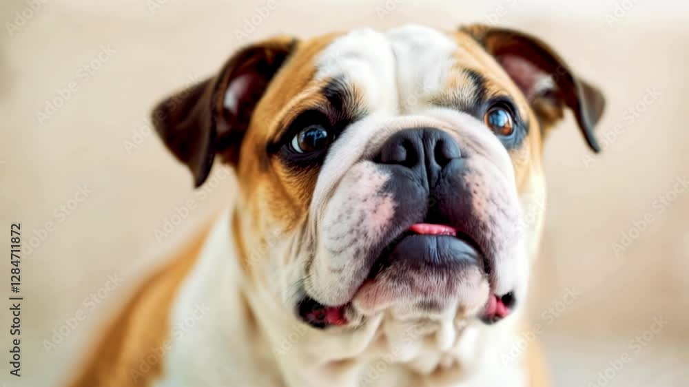Closeup of an Adorable Smiling Bulldog with Expressive, Loving Eyes Indoors Closeup of an Adorable Smiling Bulldog with Expressive, Loving Eyes Indoors