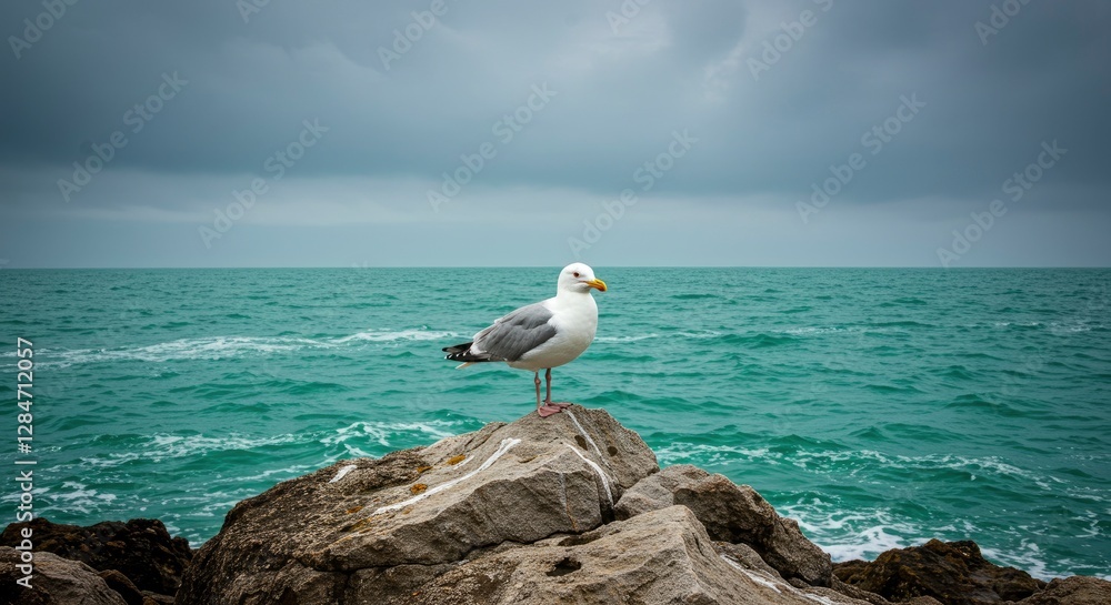 Seagull Standing on Rocky Coastline Overlooking Turquoise Sea on Cloudy Day Seagull Standing on Rocky Coastline Overlooking Turquoise Sea on Cloudy Day