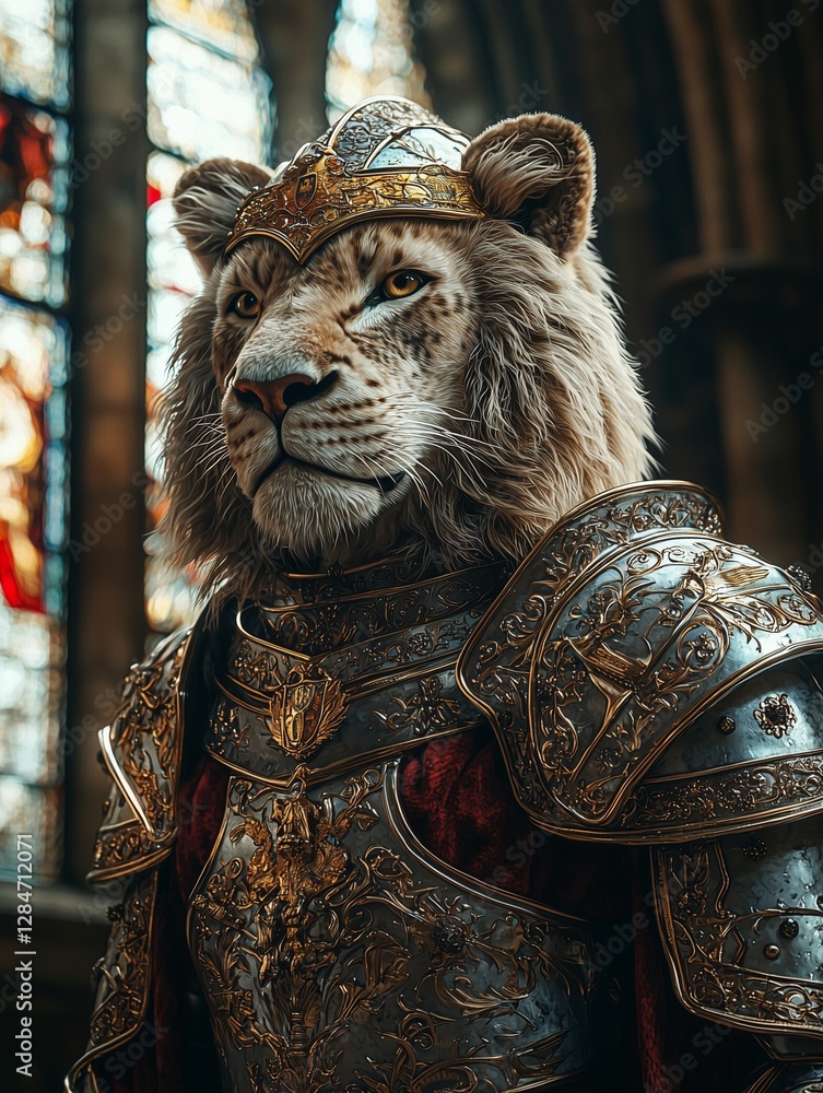 Obraz premium fantasy illustration of a noble anthropomorphic lion dressed in polished plate armor with intricate gold detailing, standing in a grand medieval cathedral bathed in warm sunlight, exuding power, royal
