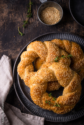 Traditional Turkish bagel simit with sesame photo