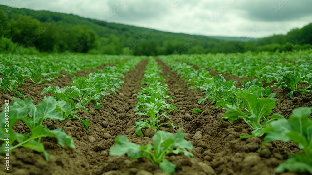 A cultivated field with rows of cabbage salad growing on fertile sandy soil symbolizing growth, abundance, and sustainable agriculture in a modern farming environment A cultivated field with rows of cabbage salad growing on fertile sandy soil symbolizing growth, abundance, and sustainable agriculture in a modern farming environment