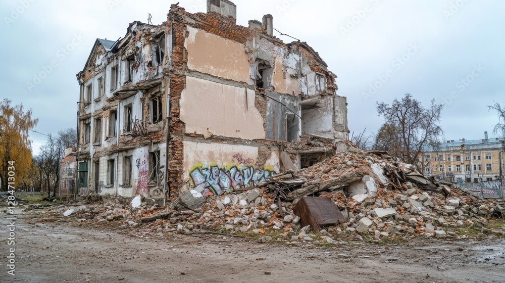 Fototapeta premium Ruined buildings with cracked walls surrounded by debris create a haunting urban landscape. Generative AI