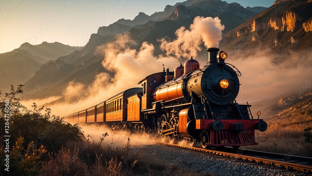 Obraz premium A vintage steam train chugs along a winding track surrounded by towering mountains during sunset. The locomotive emits billows of steam as it moves through the misty terrain, evoking nostalgia