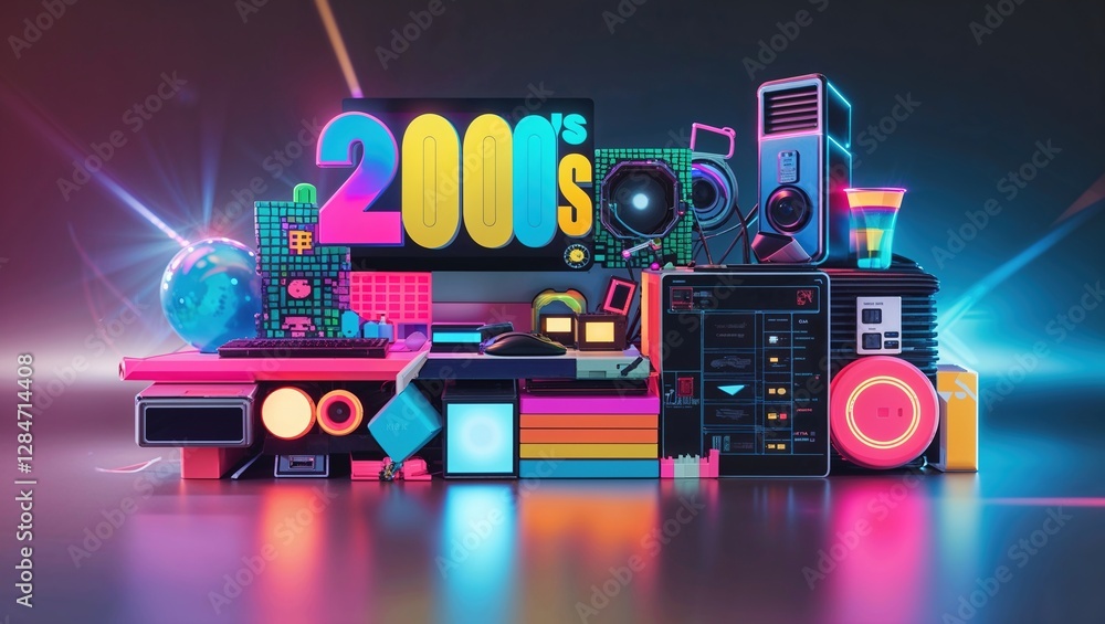 Fototapeta premium An engaging assemblage showcases iconic items from the 2000s, including technology and colorful graphics, creating a lively tribute to the era’s culture