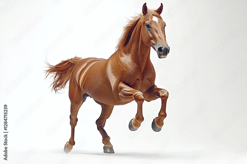 Naklejka premium A horse with chestnut brown fur is running without restraint on a pristine white background