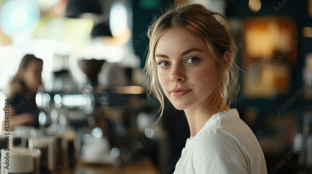 Obraz premium A young female barista poses in a trendy coffee shop, showcasing a warm smile and a friendly demeanor. The vibrant atmosphere invites customers to enjoy their experience.