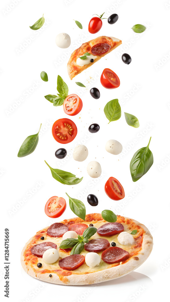 ingredients for pizza floating in the air on white ingredients for pizza floating in the air on white