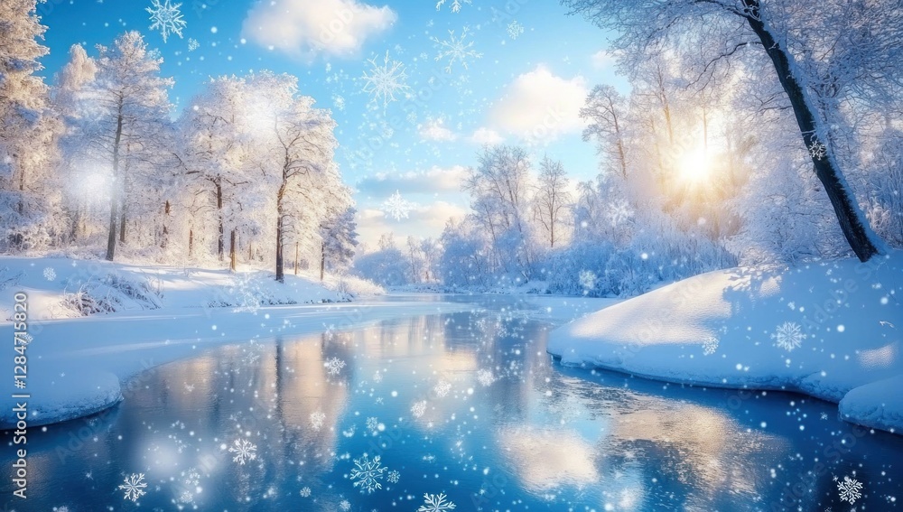 Winter Wonderland: Snowy River, Sunlit Trees, and Sparkling Snowflakes Winter Wonderland: Snowy River, Sunlit Trees, and Sparkling Snowflakes