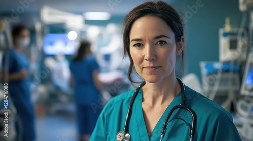 Free Download A confident female nurse in a hospital setting, wearing scrubs and a stethoscope. The scene captures the essence of healthcare professionals dedicated to patient care. - GFXLoad