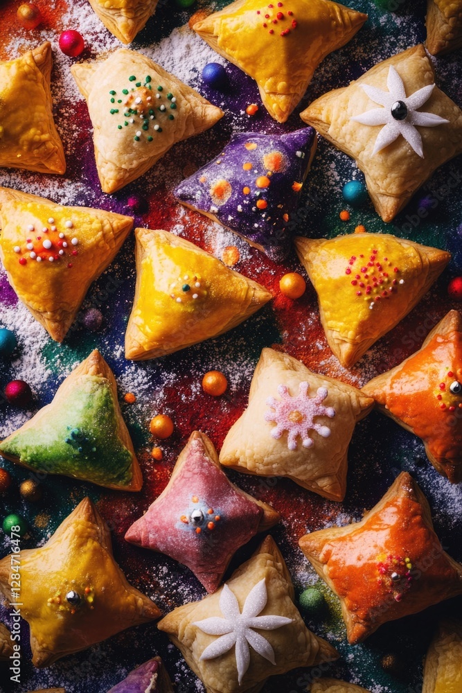 Fototapeta premium Colorful samosas ready for the holidays with sprinkles, perfect sweet treat.