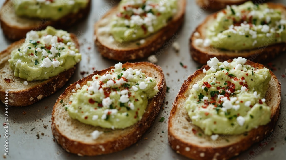 Crispy golden toast slices topped with freshly made cucumber and avocado spread, garnished with crumbled cheese and a sprinkle of red pepper flakes for a savory treat. Crispy golden toast slices topped with freshly made cucumber and avocado spread, garnished with crumbled cheese and a sprinkle of red pepper flakes for a savory treat.