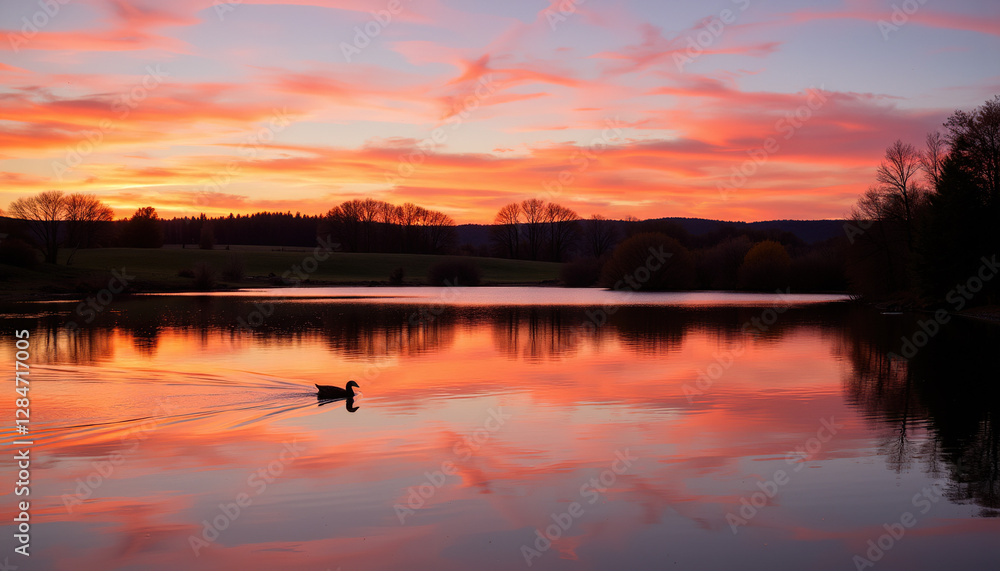 Duck swimming on calm lake at sunset Duck swimming on calm lake at sunset