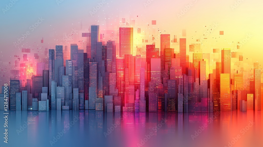 Colorful City Skyline with Digital Elements at Sunset Reflection Colorful City Skyline with Digital Elements at Sunset Reflection