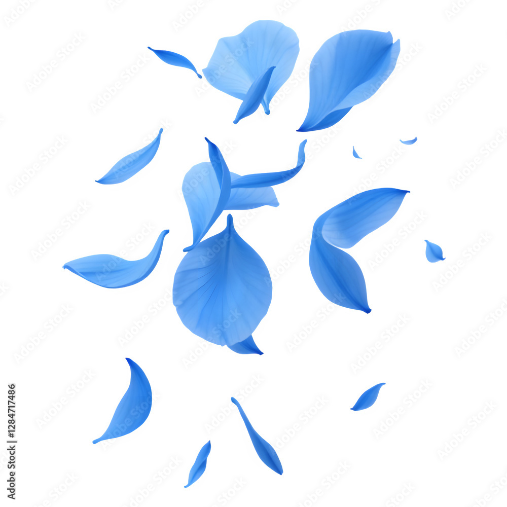 A collection of delicate blue petals in various shapes and sizes, elegantly scattering in mid-air. A collection of delicate blue petals in various shapes and sizes, elegantly scattering in mid-air.