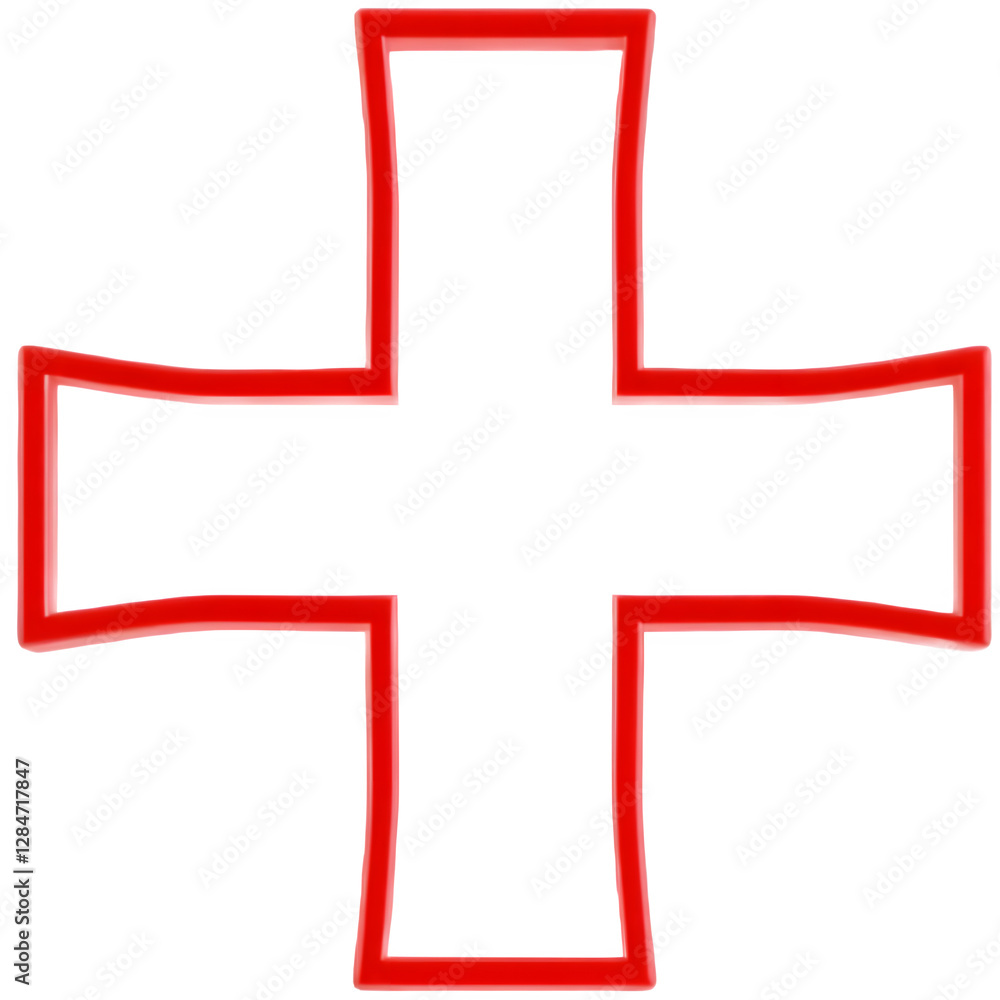A bold red cross shape with a thick outline, symbolizing various meanings across cultures and contexts.