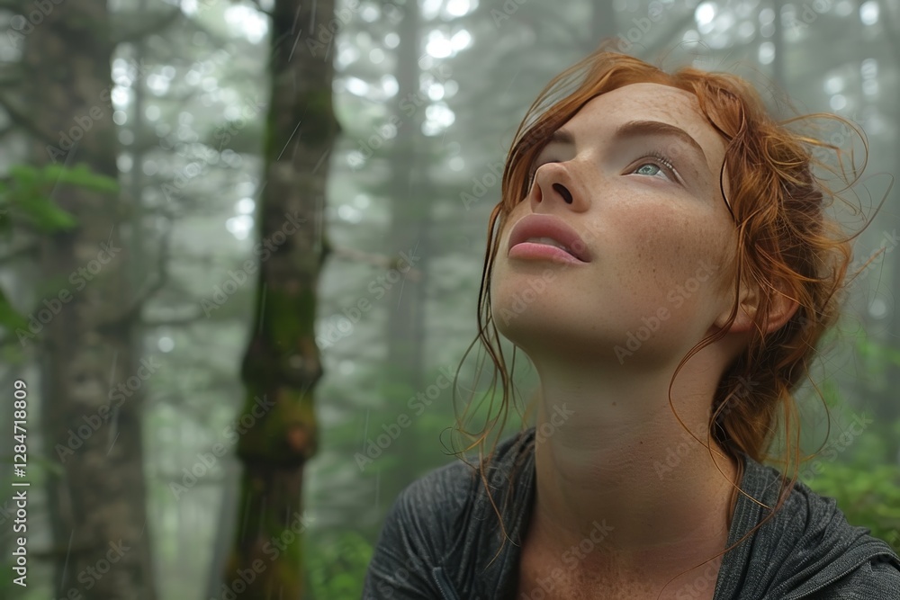 Red-haired woman with freckles in foggy forest setting, natural and mysterious Red-haired woman with freckles in foggy forest setting, natural and mysterious