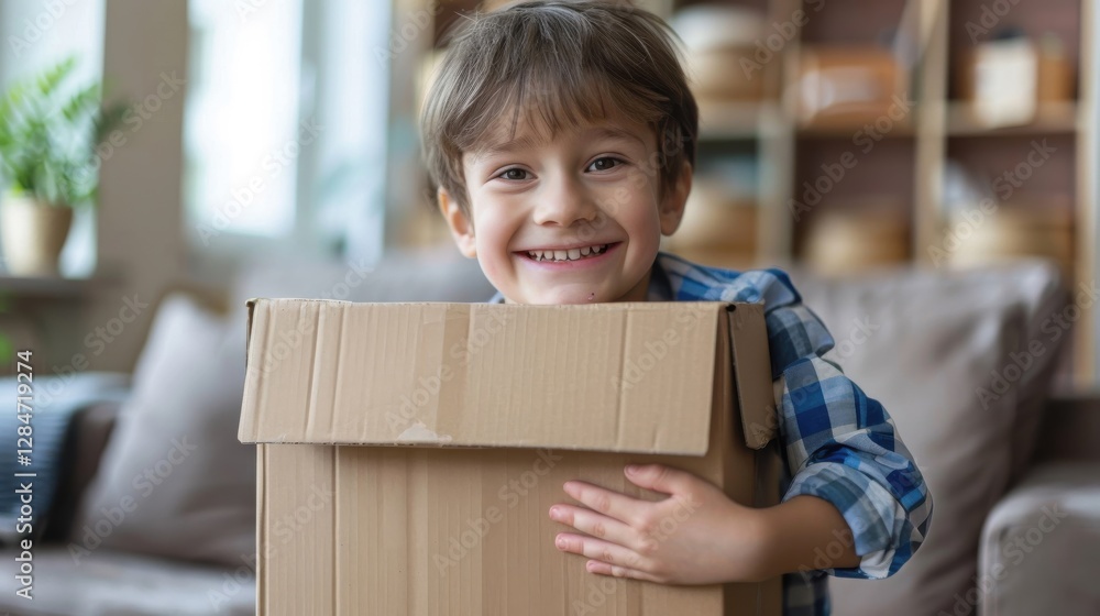 The boy, grinning with joy, hugs the cardboard box tightly, thrilled with his online shopping haul and ready for the unboxing. The boy, grinning with joy, hugs the cardboard box tightly, thrilled with his online shopping haul and ready for the unboxing.