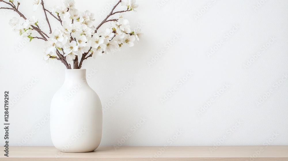 White blossoms in vase on shelf against wall White blossoms in vase on shelf against wall