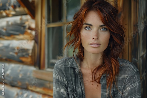 Wallpaper Mural Red-haired woman in flannel shirt at rustic wooden cabin setting Torontodigital.ca