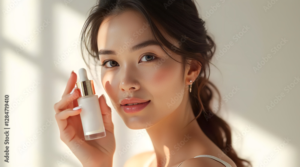 Natural Beauty Young Woman with Fresh Skin Promoting Advertising Skincare Cream Natural Beauty Young Woman with Fresh Skin Promoting Advertising Skincare Cream