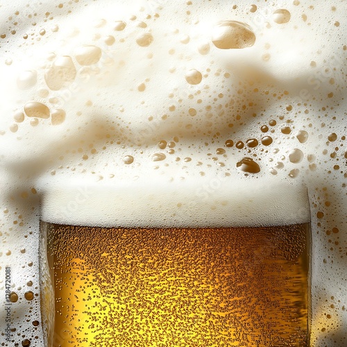 A glass of beer with copious foam and bubbles