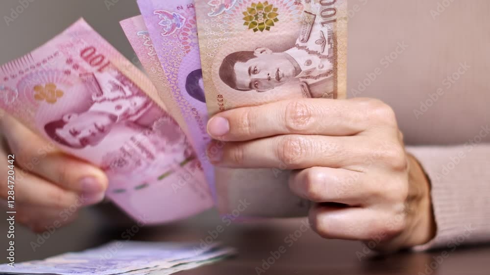 Close up view of woman hands counting cash money (Thai baht THB banknotes). Concept of saving money for retirement, cash settlement, financial success, literacy and income planning in Thailand.